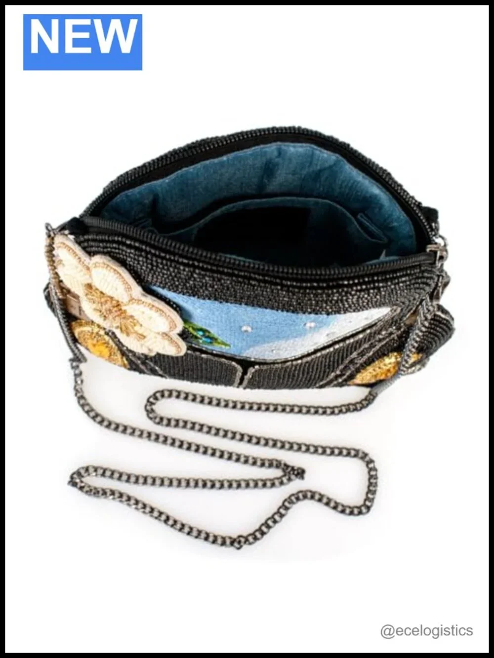Crossbody Handbag Car-Shaped Beaded Vegan Leather with Flower and Rhinestones
